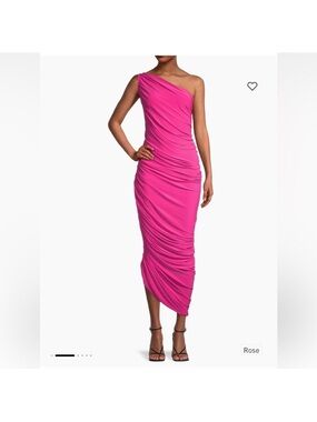 Norma Kamali One-Shoulder Ruched Midi Dress in Rose Pink